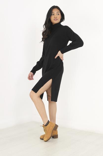 Black Side Split Detail Jersey Knit Jumper Dress
