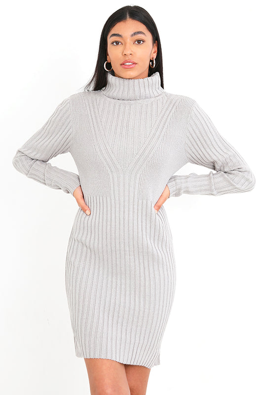 Silver Grey Turtle Neck Ribbed Jumper Dress