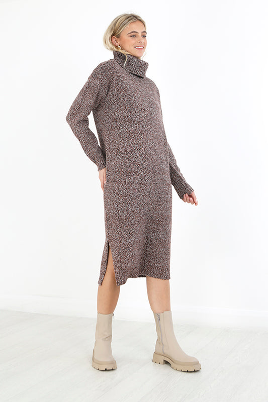 Brown Twist Roll Neck Longline Knit Jumper Dress