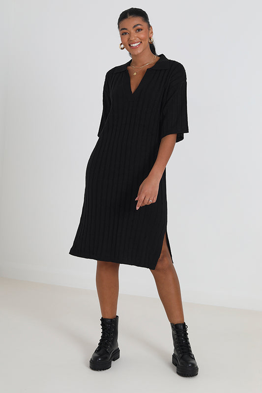 Black Oversized Ribbed Slit Detail Knitted Dress