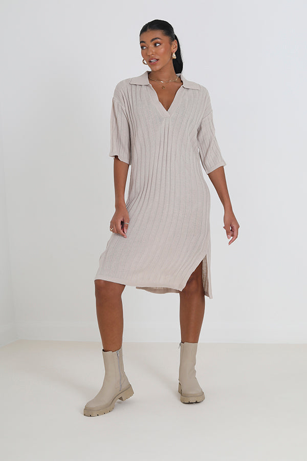 Stone Oversized Ribbed Slit Detail Knitted Dress