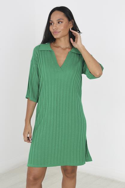 Green Oversizeed Ribbed Slit Detail Knitted Dress