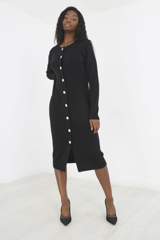 Midi Length Button Through Ribbed Knitted Dress