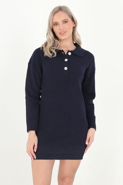 Polo Neck Oversized Rib Knit Mini Dress