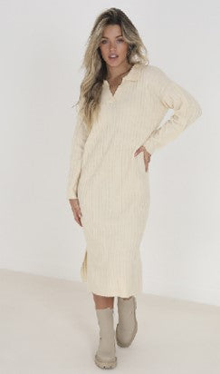 Brave Soul Polo Collar Long Sleeve Ribbied Midi Dress
