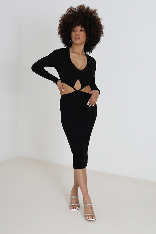 Black Cut Out Waist Long Sleeve Knitted Dress