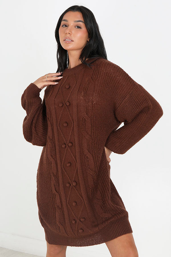 Brown Crew Neck Bobble Detail Cable Knit Dress