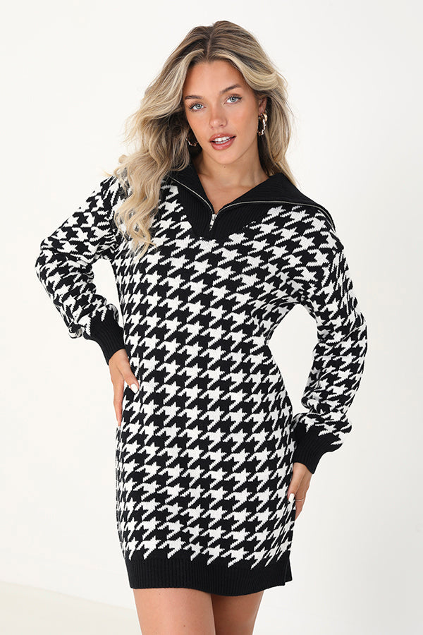 Dog Tooth Half Zip Dress