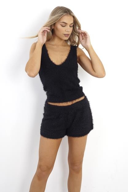 Black Fluffy Knitted Shorts