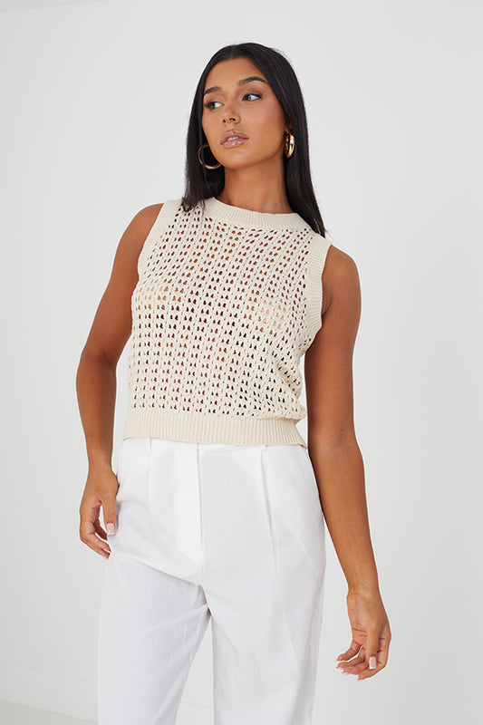 Crew Neck Open Stitch Knitted Vest