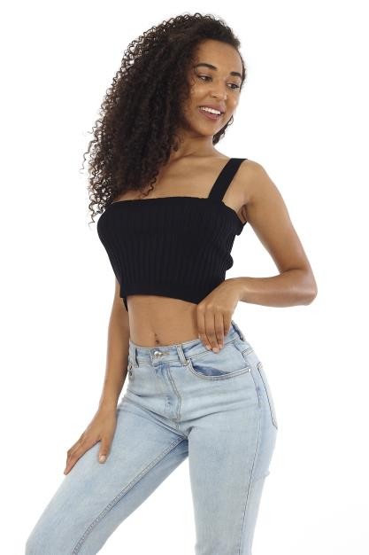 Black Cropped All Over Rib Knitted Vest Top