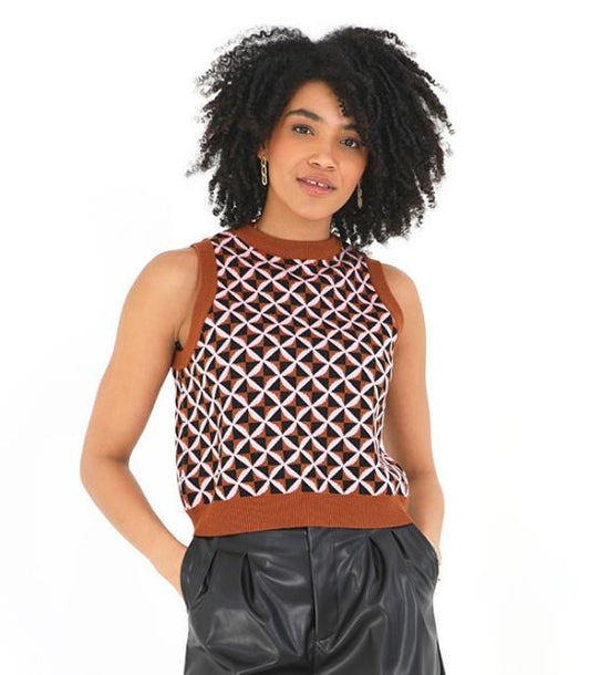 Brown Crew Neck Geometric Jacquard Knitted Vest