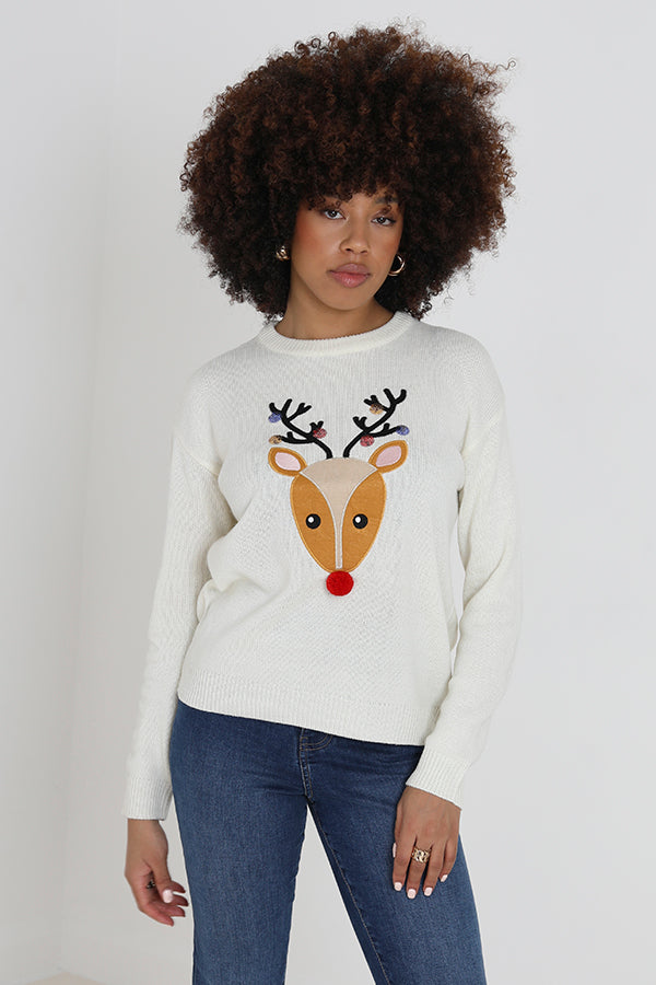 Pom Pom Detail Reindeer Applique Christmas Jumper