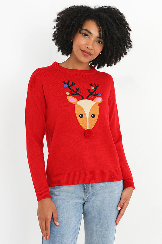 Red Reindeer Design Pom Pom Detail Christmas Jumper