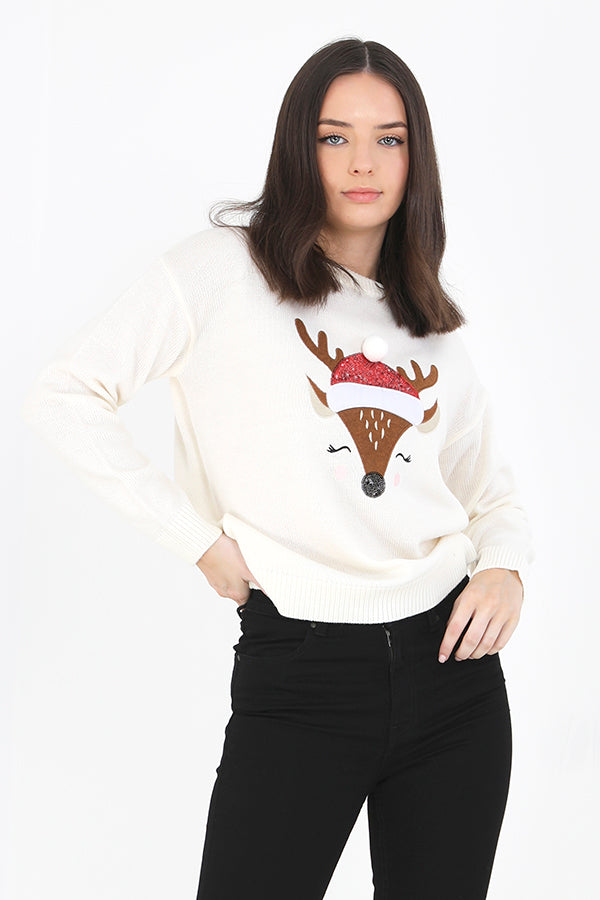 Cream Reindeer Design Pompom Detail Christmas Jumper