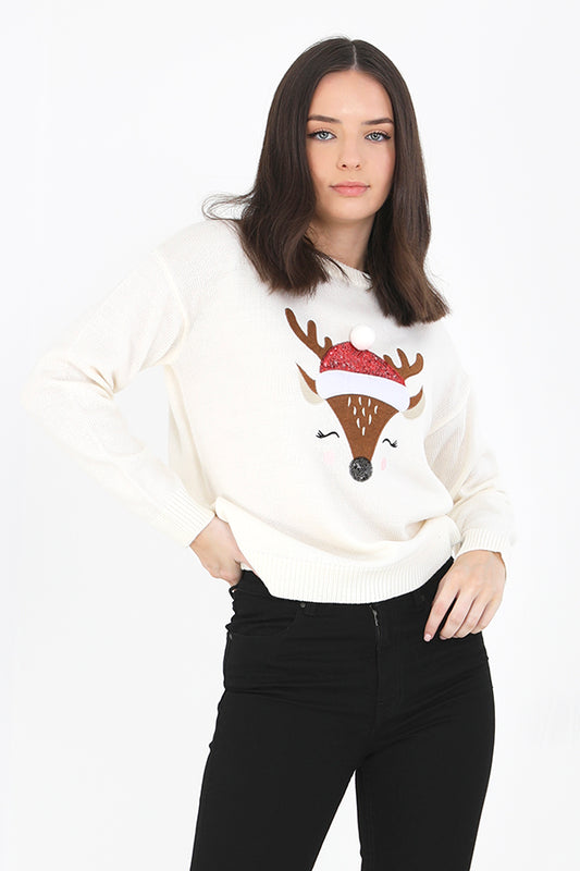 Cream Reindeer Design Pompom Detail Christmas Jumper