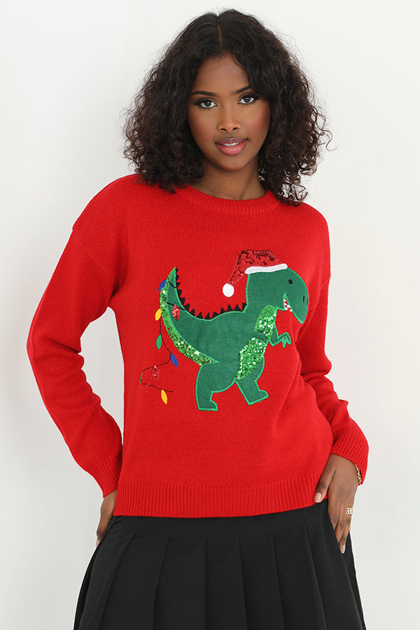 Red Dinosaur Applique Sequin Detail Christmas Jumper