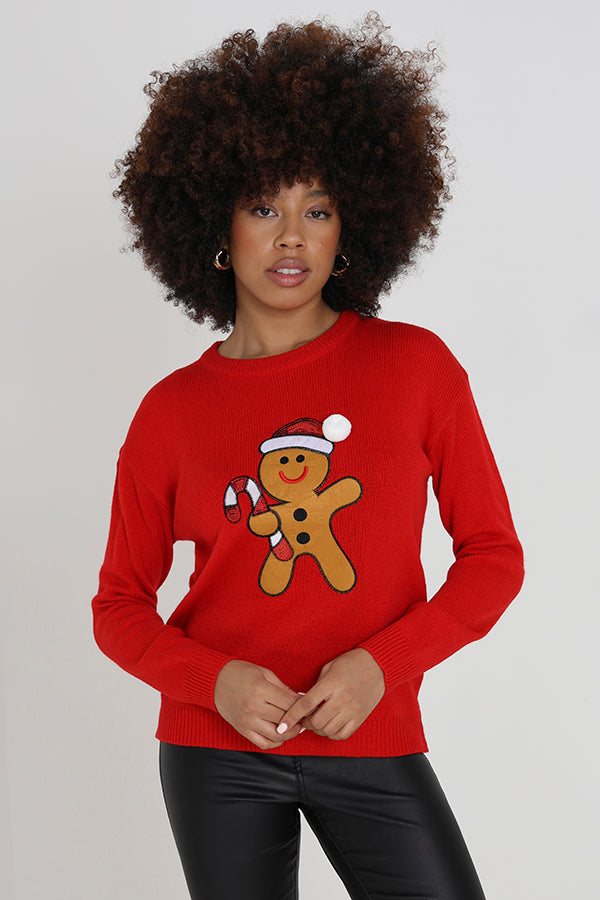 Gingerbread Man Pom Pom Sequin Christmas Jumper