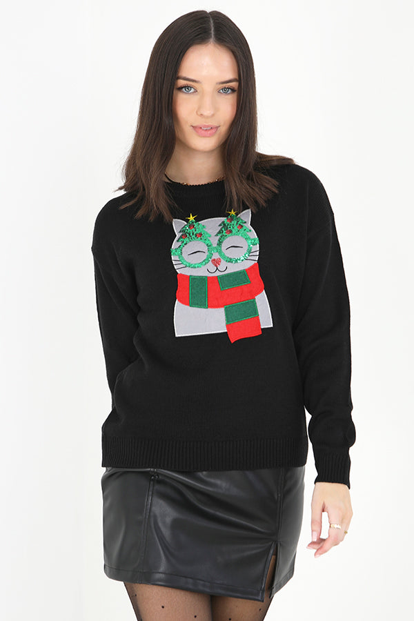 Black Cat Design Sequin Detail Christmas Jumper