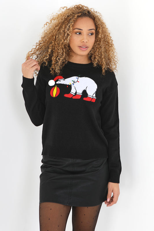 Black Polar Bear Design Pompom Christmas Jumper