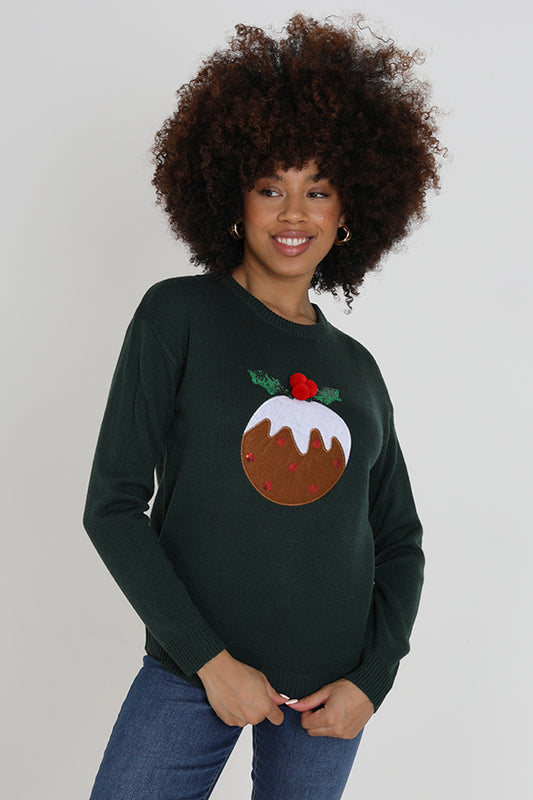 Dark Green Christmas Pudding Novelty Xmas Jumper
