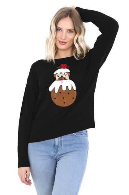 Black Pug In A Pudding Pompom Detail Christmas Jumper