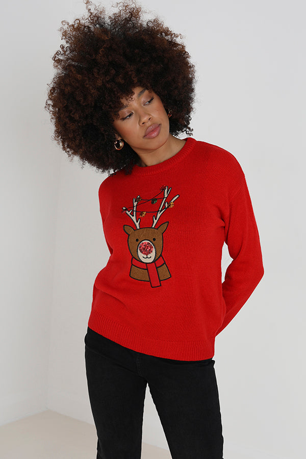 Red Reindeer In Scarf Applique Christmas Jumper