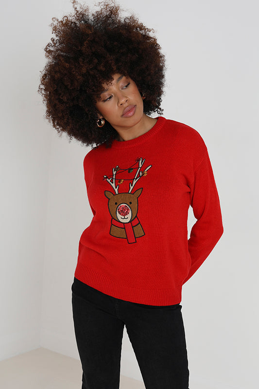 Red Reindeer In Scarf Applique Christmas Jumper