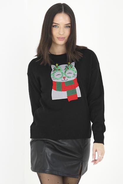 Black Sequined Cat Applique Novelty Christmas Jumper