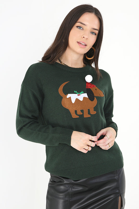 Deep Green Yule Dog Design Sequined Christmas Jumper