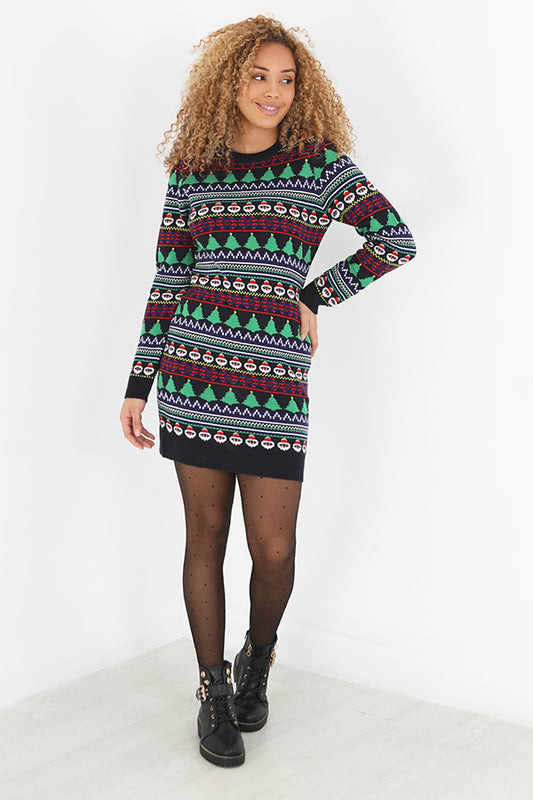 Navy Jacquard Design Novelty Christmas Jumper Dress