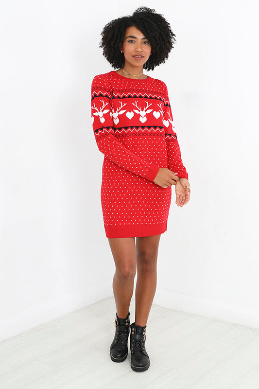 Red Christmas Jaquard Printed Knitted Jumper Dress