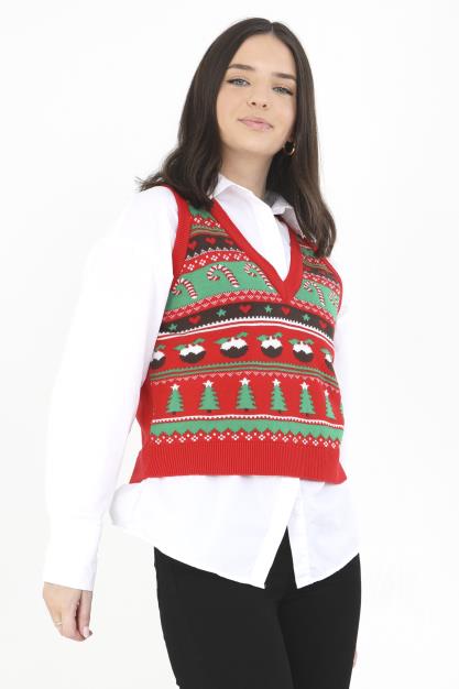 Red V-Neck Jacquard Knitted Christmas Tank