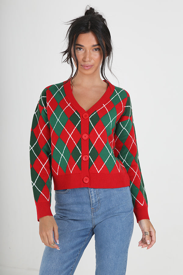 Red And Green Argyle Jacquard Knitted Cardigan