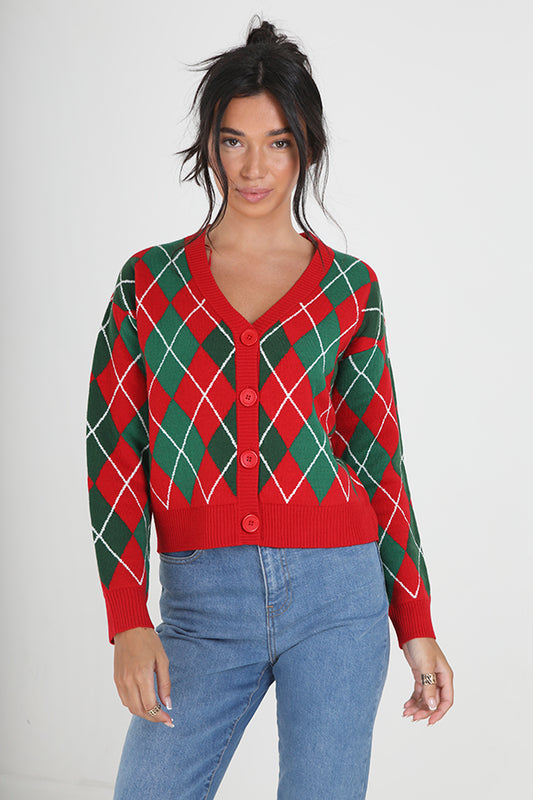 Red And Green Argyle Jacquard Knitted Cardigan