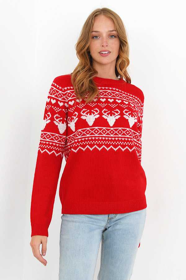 Red Jacquard Design Round Neck Christmas Jumper