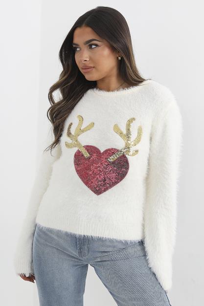 Antler Heart Sequin Design Cream Christmas Jumper