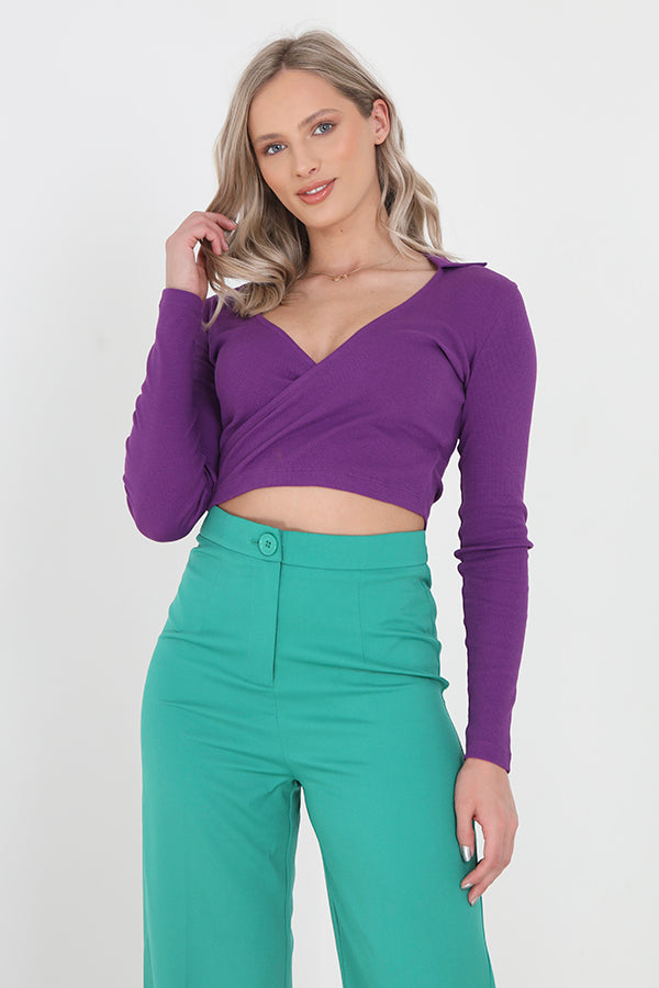 Collar Detail Cropped Wrap Style Long Sleeve Top