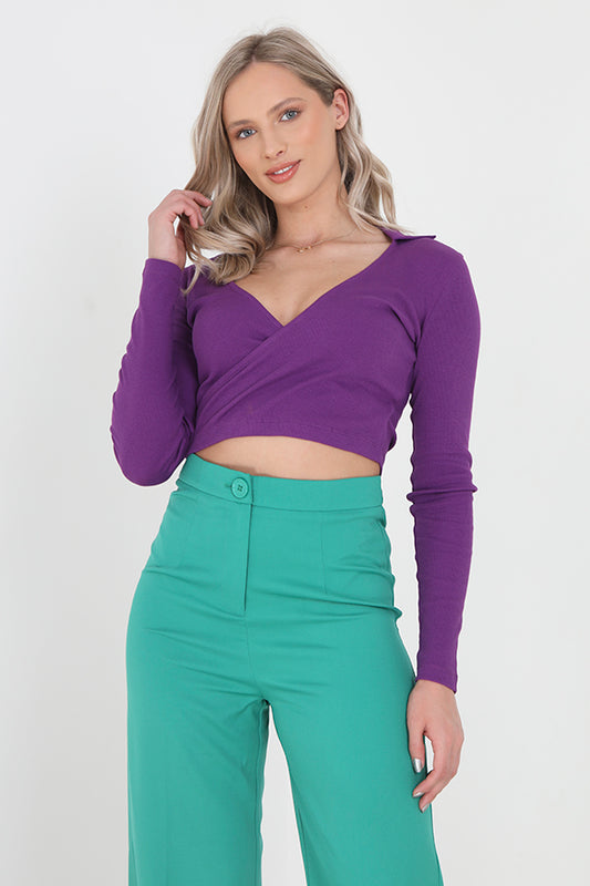 Collar Detail Cropped Wrap Style Long Sleeve Top