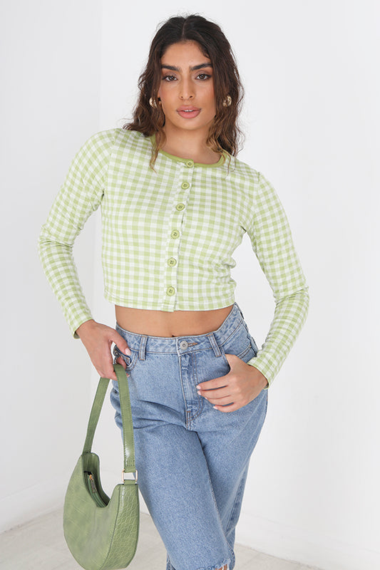 Check Print Button Through Crop Long Sleeve Cardigan