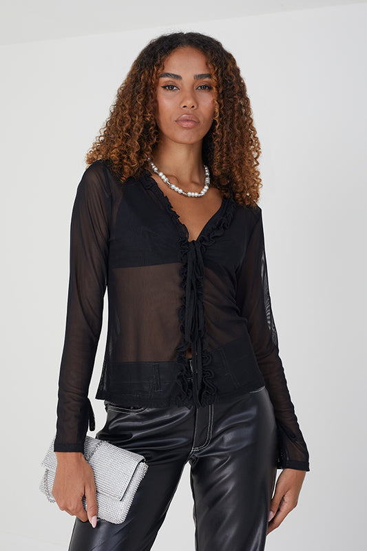 Long Sleeve Mesh Tie Top