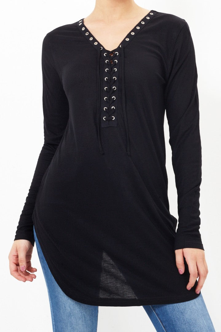 Lean Ribbed Lace-Up Longline Tunic Top