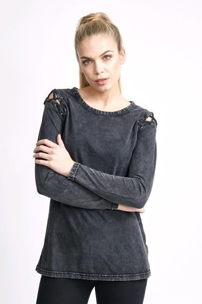 Robbie Acid Wash Lace-Up Shoulder Detail Top