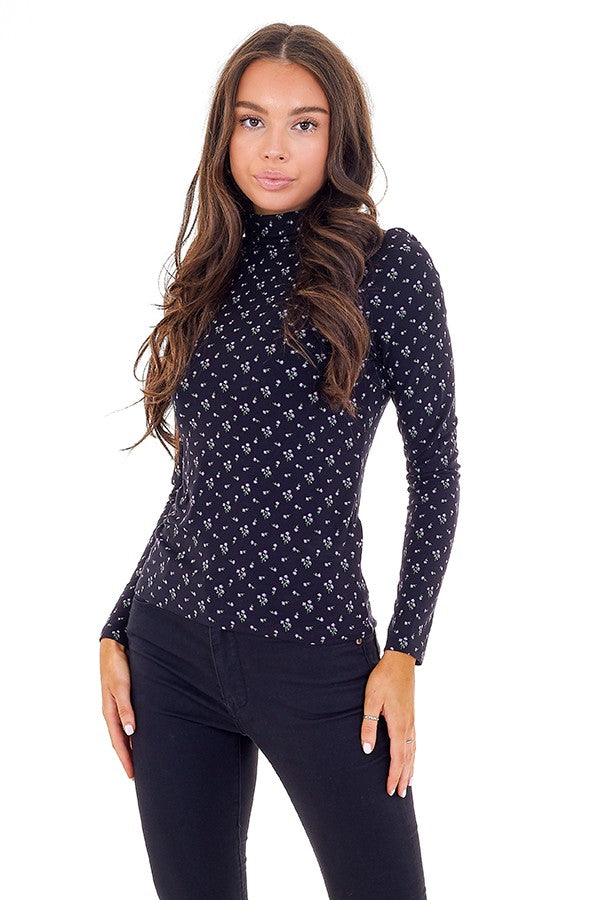 Ditsy Floral High Neck Long Sleeve Top
