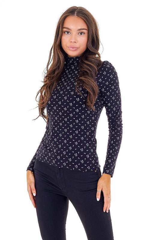 Ditsy Floral High Neck Long Sleeve Top