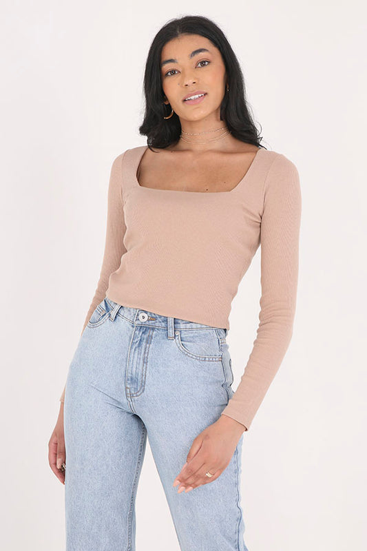 Plain Square Neck Ribbed Long Sleeve Top