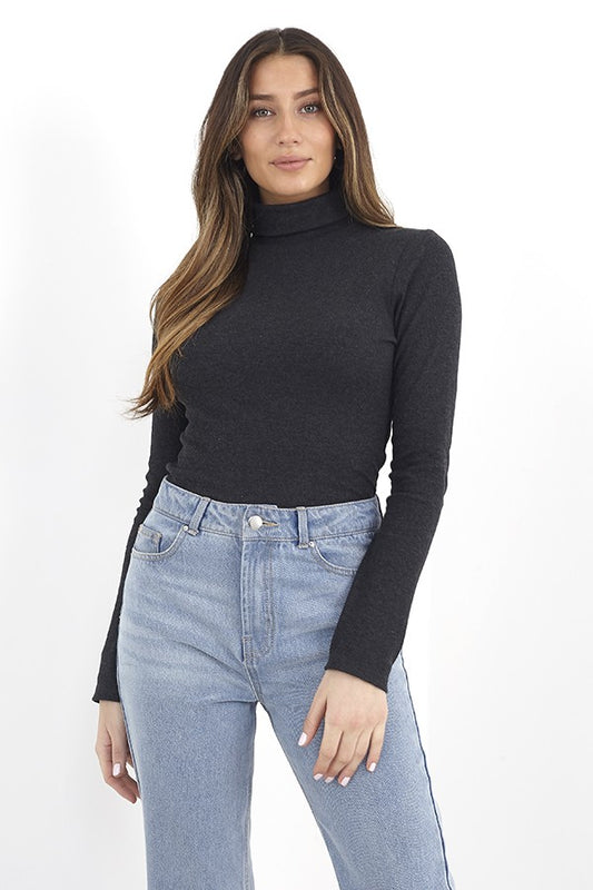 Plain Charcoal Ribbed Roll Neck Long Sleeve Top