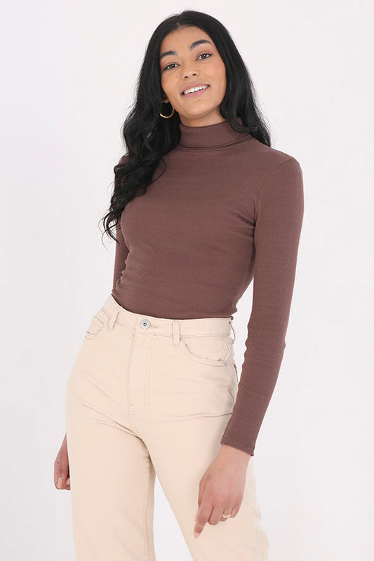 Chocolate Bodycon Ribbed Roll Neck Long Sleeve Top
