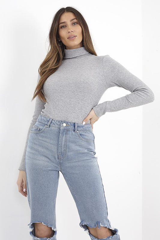 Plain Grey Marl Ribbed Roll Neck Long Sleeve Top
