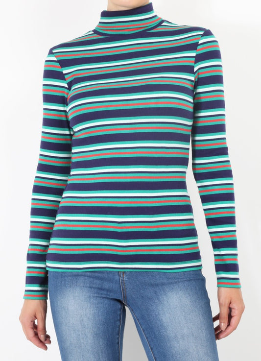 Multi Stripe Ribbed Long Sleeve Polo Neck Top